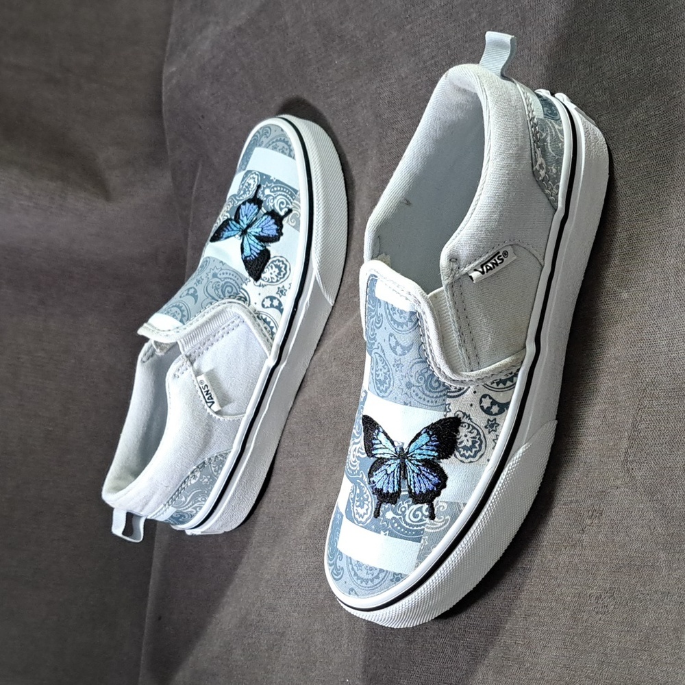 Vans Asher Blue Paisley Embroidered Butterfly Slip Sneakers G US J3.5 W5 - Picture 9 of 16